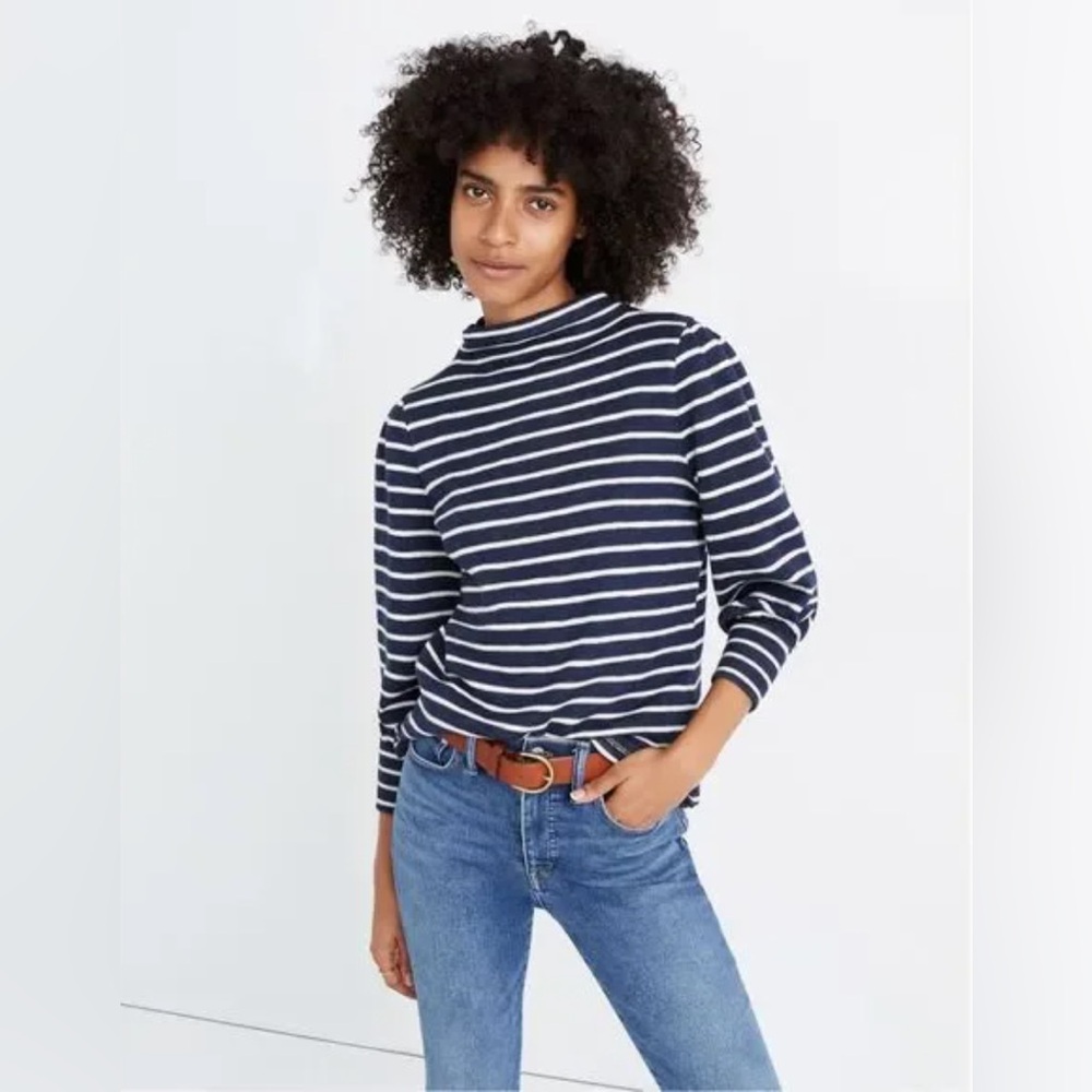 Madewell Gathered Sleeve Mock neck Sweater Top, navy/white, M